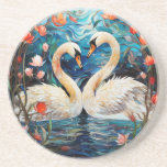 Dessous De Verre En Grès Orange Floral Romantic Swans Vitrail<br><div class="desc">Ces capuchons de boisson ont une belle image de deux cygnes blancs formant un coeur avec leurs cous élégants. Les cygnes nagent dans un étang bleu agrémenté de fleurs orange et roses. Un revêtement en vitrail ajoute un intérêt et une texture supplémentaires.</div>