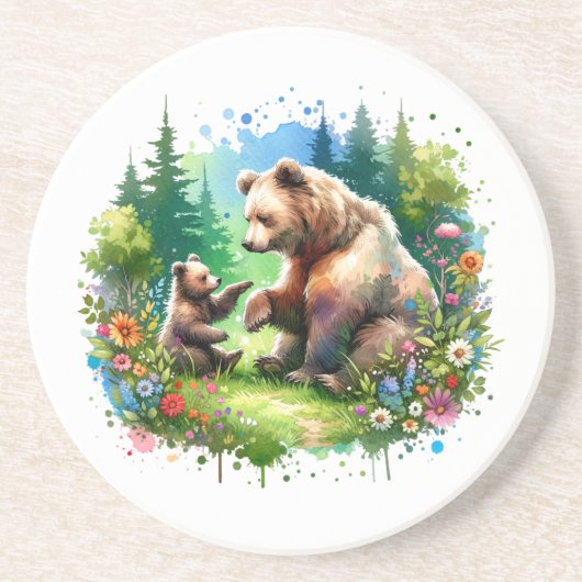 Dessous De Verre En Grès Ours et ourson aquarelle mignons  (Devant)