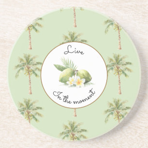 Dessous De Verre En Grès Palmier Tropical Vert Fleurs de Plumeria Limes