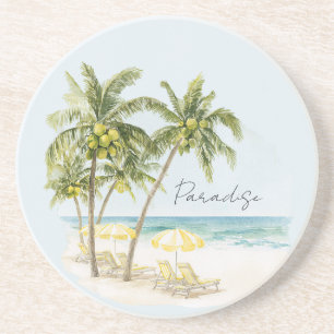 Dessous De Verre En Grès Palmiers Tropicaux Océan Parasols Jaunes