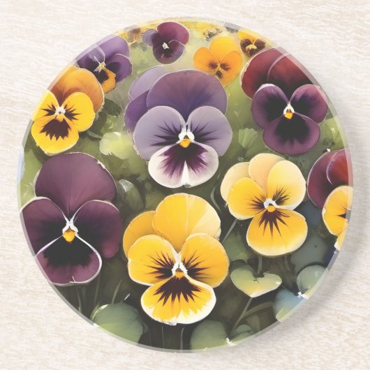 Dessous De Verre En Grès Pansies jaunes et violets aquarelle (Devant)