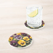 Dessous De Verre En Grès Pansies jaunes et violets aquarelle (Côté)