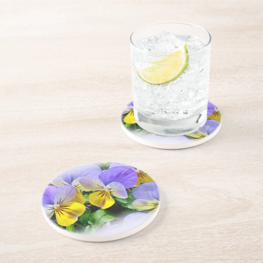 Dessous De Verre En Grès Pansies - violet et jaune (Côté)