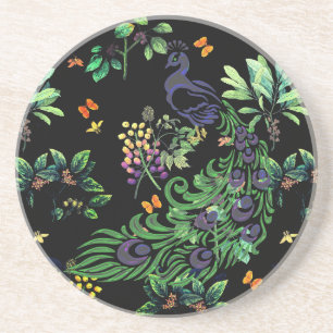 Dessous De Verre En Grès Paon Orné et Floral Vintage