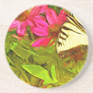 Dessous De Verre En Grès Papillon à queue jaune sur Fleurs Abstrait