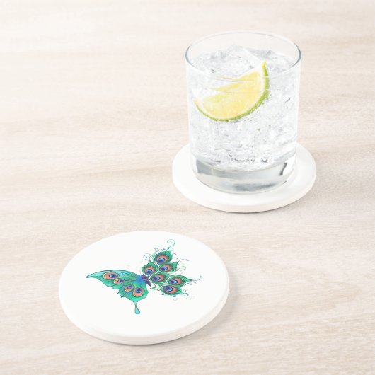Dessous De Verre En Grès Papillon aux plumes de paon vert (Côté)
