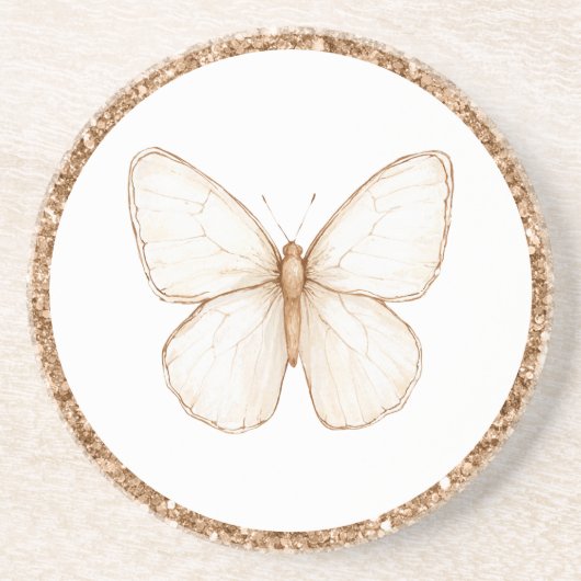 Dessous De Verre En Grès Papillon Blanc Pailleté Faux Or (Devant)