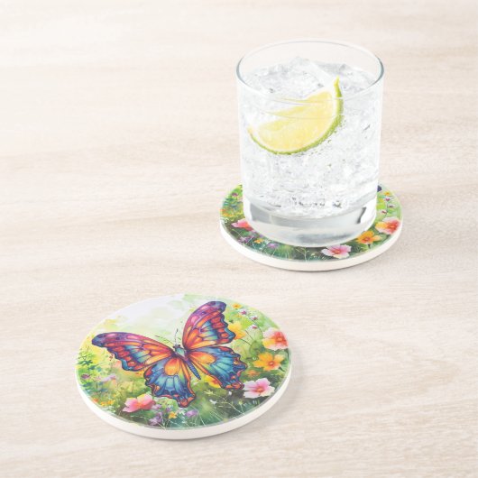 Dessous De Verre En Grès Papillon Bleu Orange ailes (Côté)