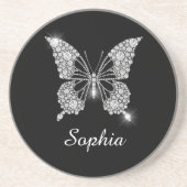 Dessous De Verre En Grès Papillon Diamant Blanc, Nom de Script DIY, Noir (Devant)