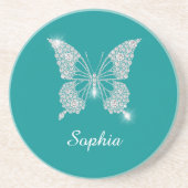 Dessous De Verre En Grès Papillon Diamant Blanc, Nom de Script, Turquoise P (Devant)