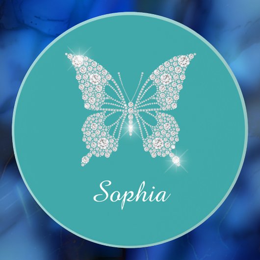 Dessous De Verre En Grès Papillon Diamant Blanc, Nom de Script, Turquoise P