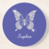 Dessous De Verre En Grès Papillon Diamant Blanc, Nom en écriture, Bleu Prof (Devant)