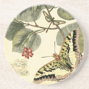 Dessous De Verre En Grès Papillon et libellule à fleurs rouges