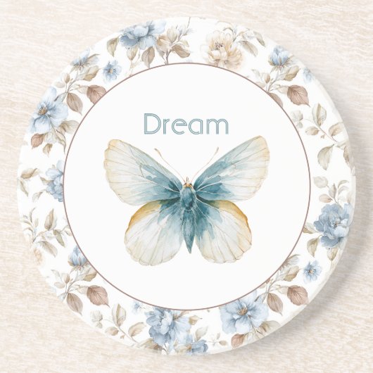 Dessous De Verre En Grès Papillon Fleurs Marron Crème Bleu Tan (Devant)