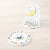 Dessous De Verre En Grès Papillon Fleurs Marron Crème Bleu Tan (Côté)