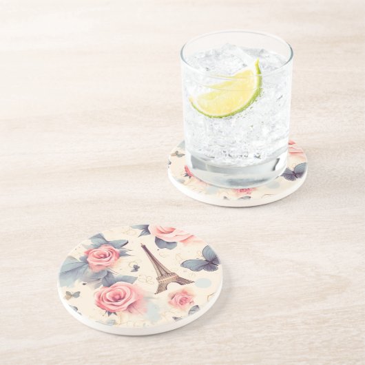 Dessous De Verre En Grès Papillon Tour Eiffel et Motif Rose (Côté)