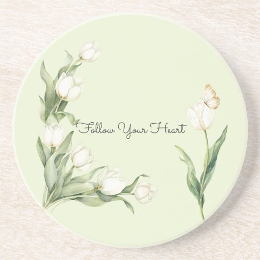 Dessous De Verre En Grès Papillon Tulipes Blanches Vert Menthe (Devant)