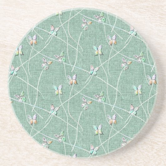 Dessous De Verre En Grès Papillons à l'aquarelle sur fond vert menthe (Devant)