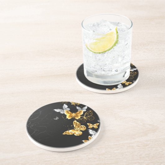 Dessous De Verre En Grès Papillons d'or et de blanc (Côté)