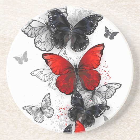 Dessous De Verre En Grès Papillons noirs et rouges volants (Devant)
