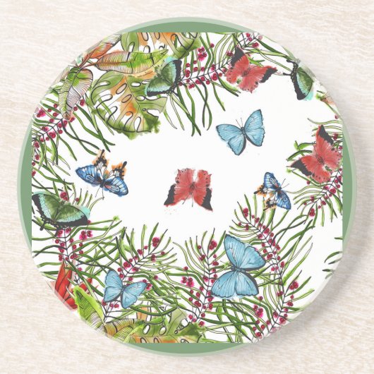 Dessous De Verre En Grès Papillons Plante tropicaux Berries Bleu rouge (Devant)