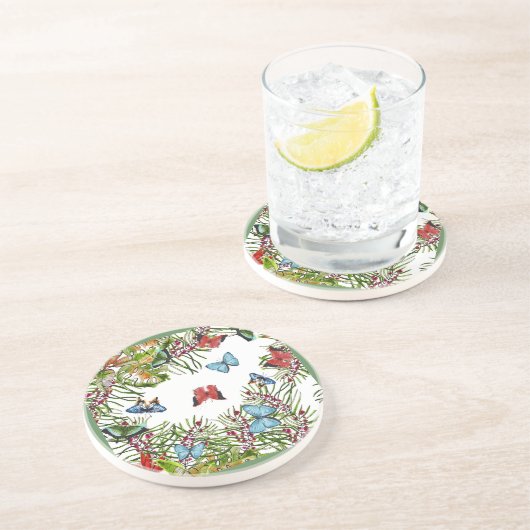 Dessous De Verre En Grès Papillons Plante tropicaux Berries Bleu rouge (Côté)