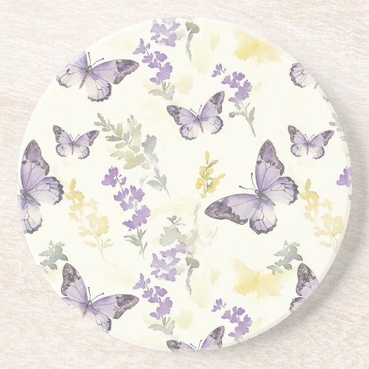 Dessous De Verre En Grès Papillons Violets Fleur de Lavande (Devant)