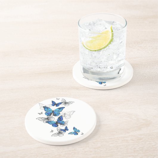 Dessous De Verre En Grès Papillons volants bleus Morpho (Côté)