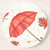 Dessous De Verre En Grès Parapluie rouge vif et aquarelle feuille rouge (Devant)