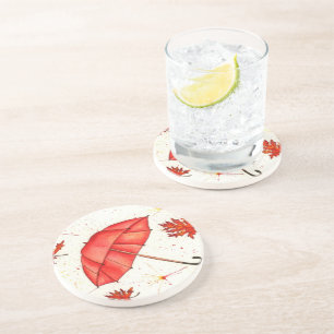 Dessous De Verre En Grès Parapluie rouge vif et aquarelle feuille rouge