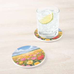 Dessous De Verre En Grès Paysage de champ de fleurs peinture aquarelle