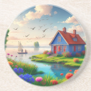 Dessous De Verre En Grès Paysage naturel avec chalet et lac,-434567