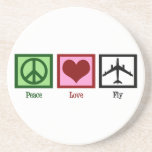 Dessous De Verre En Grès Peace Love<br><div class="desc">Un signe de paix,  un coeur et un avion. Il s'agit d'un cadeau mignon pour un pilote,  un agent de bord ou une personne qui aime voyager.</div>