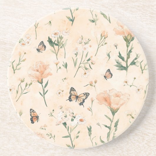 Dessous De Verre En Grès Peach Butterflies Floral (Devant)