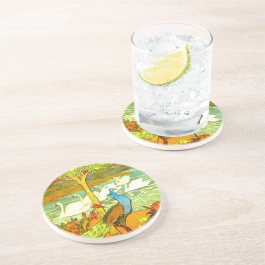 Dessous De Verre En Grès Peacocks et cygnes (Côté)