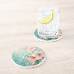 Dessous De Verre En Grès Pêche tropicale Hibiscus blanc Amour floral