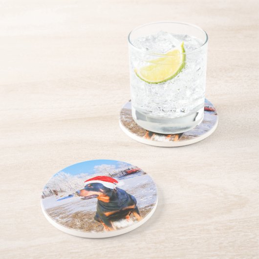 Dessous De Verre En Grès Peinture de Noël de chien Rottweiler (Côté)