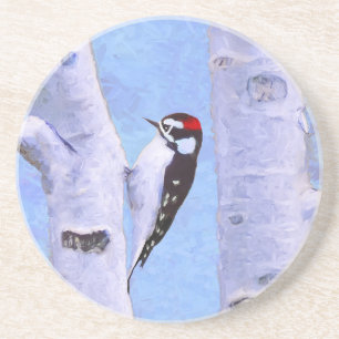 Dessous De Verre En Grès Peinture Downy Woodpecker - Art original pour oise