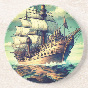 Dessous De Verre En Grès Peinture D'Un Navire Avec Les Voiles Vers Le Bas-5