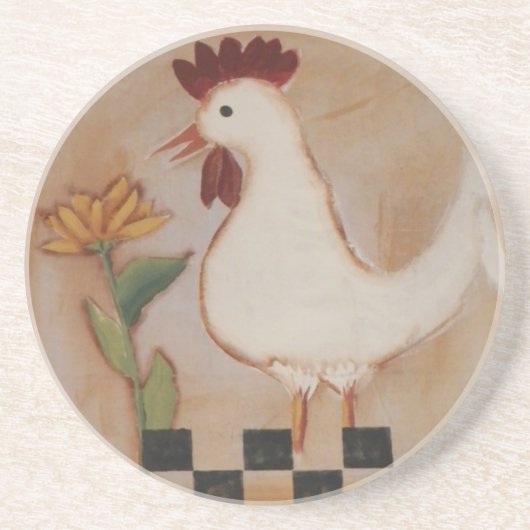 Dessous De Verre En Grès Peinture primitive de poulet et de fleurs (Devant)