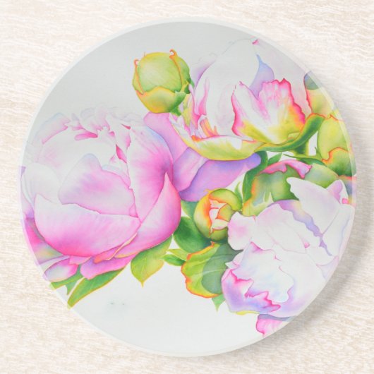 Dessous De Verre En Grès Peonis, rose, blanc, aquarelle florale (Devant)