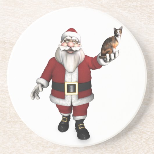 Dessous De Verre En Grès Père Noël Avec Chat Calico (Devant)