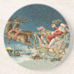 Dessous De Verre En Grès Père Noël Noël Antique Traîneau Renne