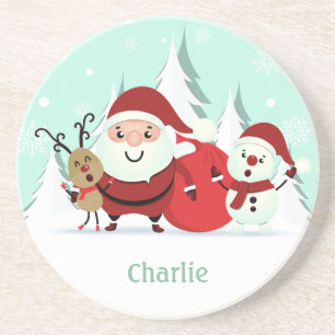 Dessous De Verre En Grès Père Noël, Reindeer & Snowman nom personnalisé des