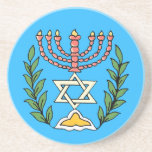 Dessous De Verre En Grès Persian Magen David Menorah<br><div class="desc">This image was adapted from an antique Persian Jewish tile and features a menorah with a Magen David (Star of David) framed by olive branches.  The imperfections of the original,  hand-painted image have been preserved.</div>