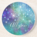 Dessous De Verre En Grès Personalize Name, Purple & Teal, Lights & Sparkle<br><div class="desc">Personalize name in white script on purple and teal background with hanging lights and sparkle. Click “Customize” to change colors and type styles.</div>