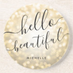 Dessous De Verre En Grès Personalized Mod Gold Lights "Hello Beautiful"<br><div class="desc">Elegant & Modern "Gold Sparkle Lights" design with "Hello Beautiful" script & custom name - Personalized coaster design.</div>