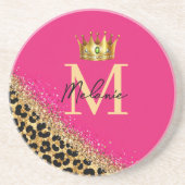 Dessous De Verre En Grès Personalized Pink Leopard Gold Glitter Monogram  (Devant)