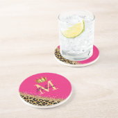 Dessous De Verre En Grès Personalized Pink Leopard Gold Glitter Monogram  (Côté)