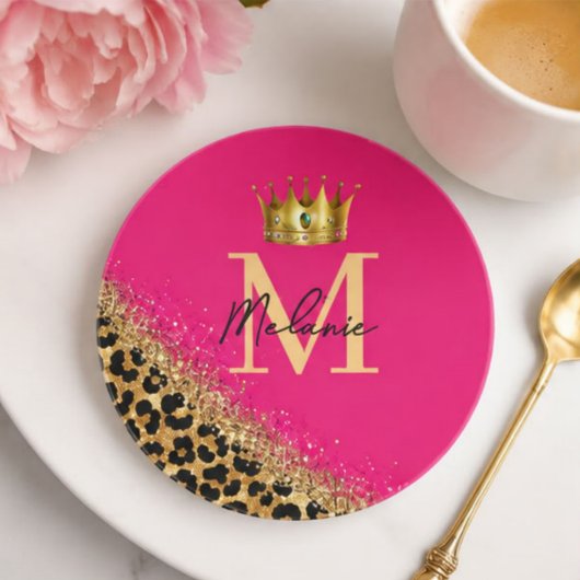 Dessous De Verre En Grès Personalized Pink Leopard Gold Glitter Monogram 